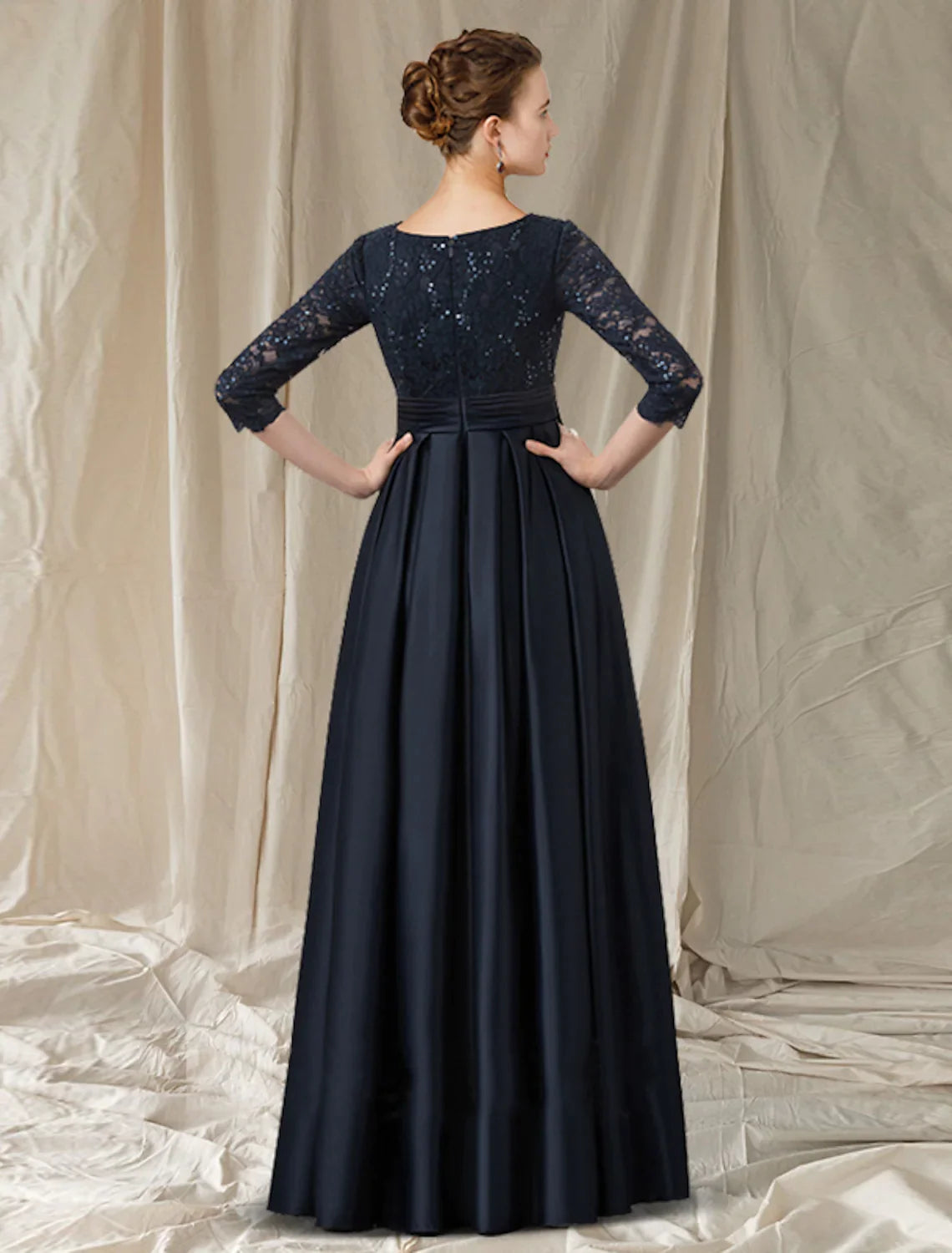 A-Line Cut Out Elegant Engagement Formal Evening Dress V Neck Long Sleeve Floor Length Lace with Bow(s) Pocket