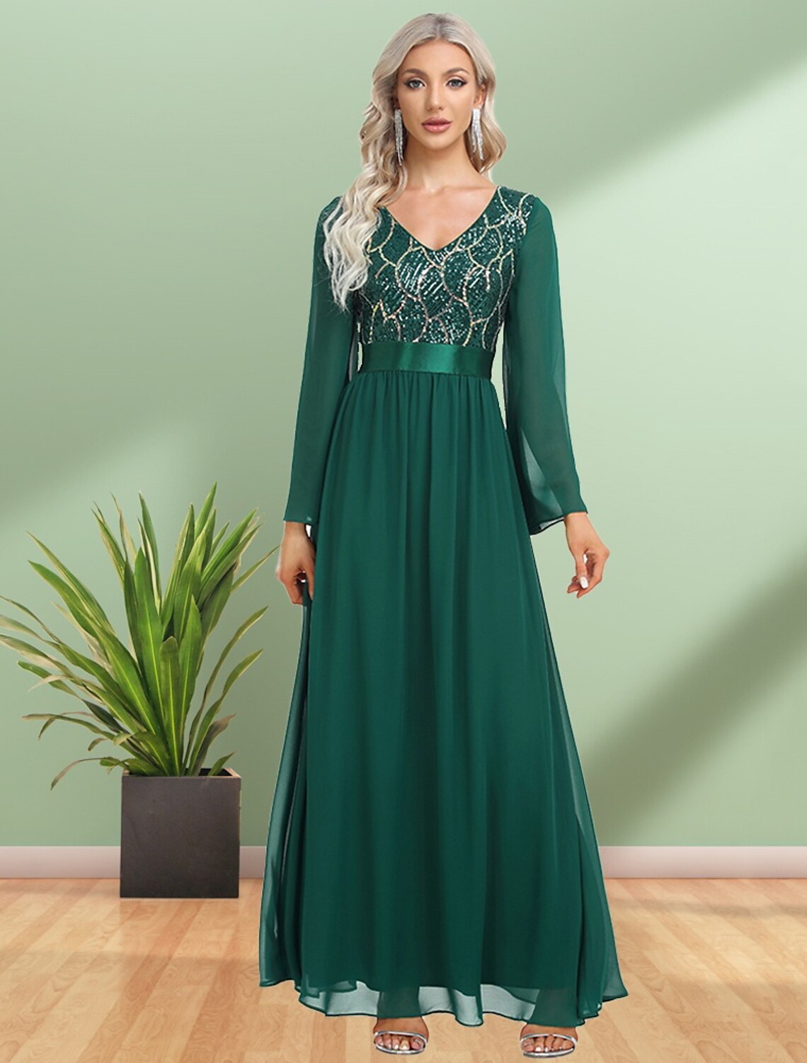 A-Line Evening Gown Elegant Dress Wedding Guest Party Wear Floor Length Long Sleeve V Neck Chiffon with Sequin