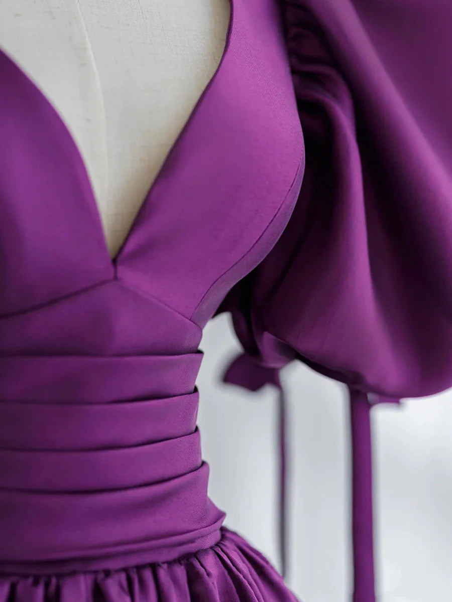 Purple V Neck Satin Long Prom Dresses Evening Dresses Formal Dress december wedding guest dress