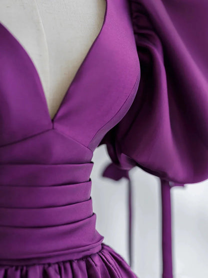 Purple V Neck Satin Long Prom Dresses Evening Dresses Formal Dress december wedding guest dress