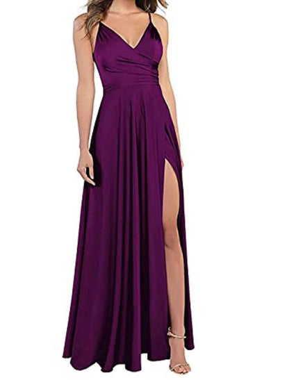 A-Line Wedding Guest Prom Floor Length Sleeveless Spaghetti Strap Bridesmaid Dress Satin with Slit