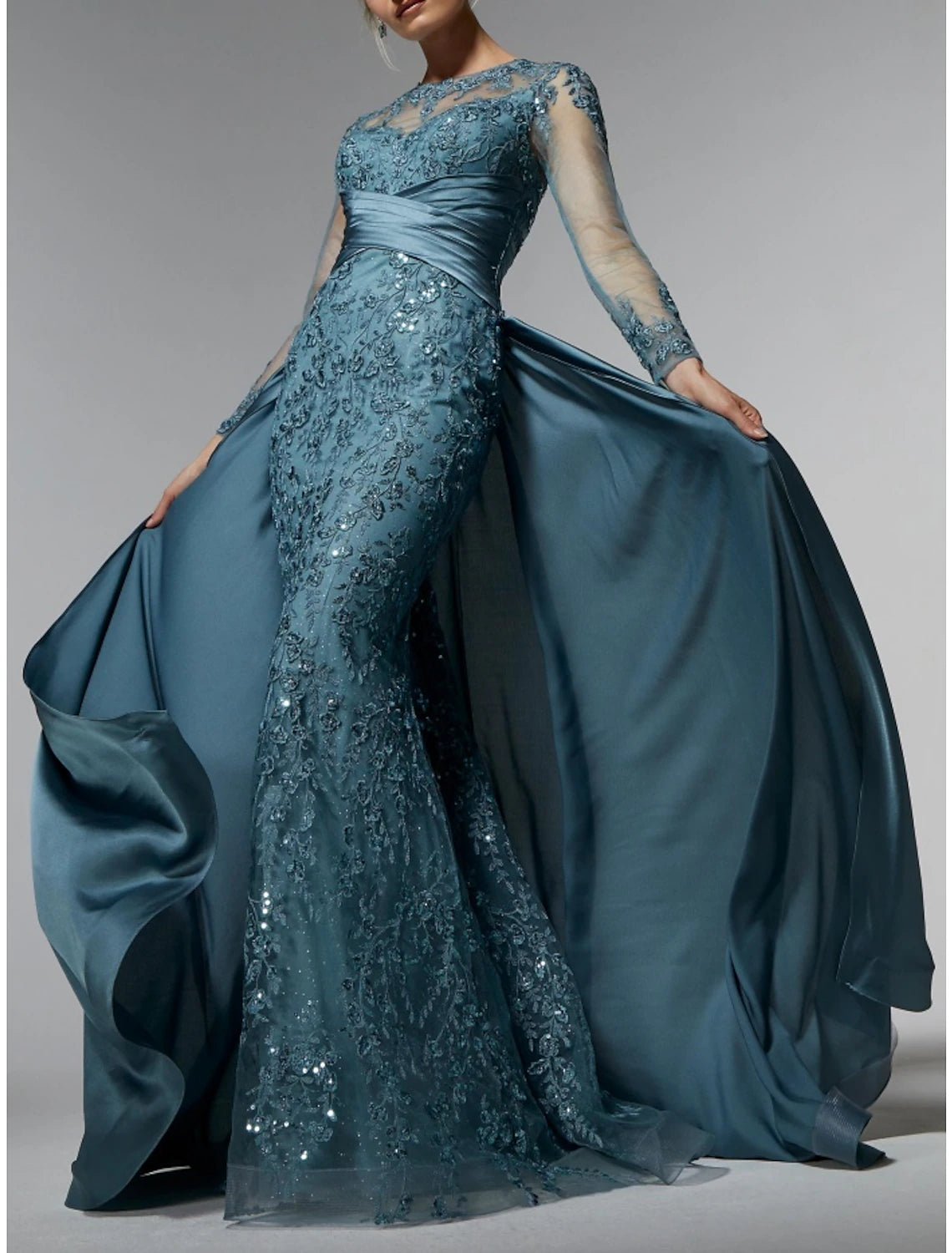 Mermaid / Trumpet Mother of the Bride Dress Wedding Guest Elegant Jewel Neck Satin Long Sleeve with Lace Sequin Ruching