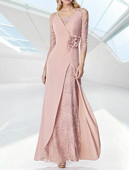 A-Line Wedding Guest Dress Formal Floor Length 3/4 Length Sleeve V Neck Chiffon with Embroidery