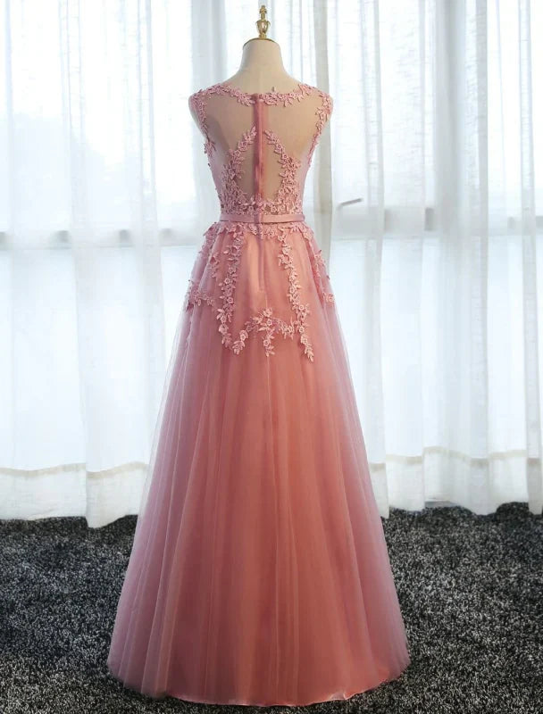 A Line Long Lace Party Dress Applique Tulle Formal Dress Prom Dresses Floor Length