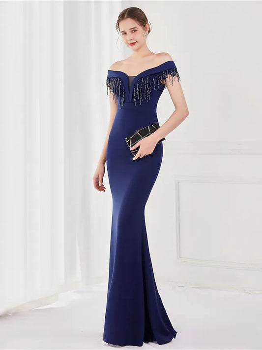 Mermaid / Trumpet Elegant  Wedding Guest Formal Evening Dress Off Shoulder V Back Short Sleeve Floor Length Satin with Tassel