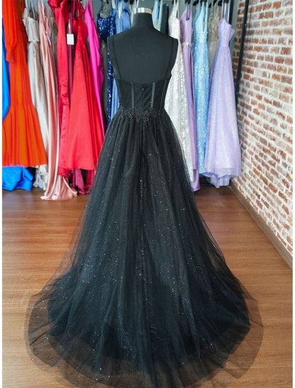 A-Line Prom Dresses Glitter Black Dress Plus Size Wedding Dresses Formal Gothic Dress Floor Length Sleeveless Sweetheart Spaghetti Tulle with Slit