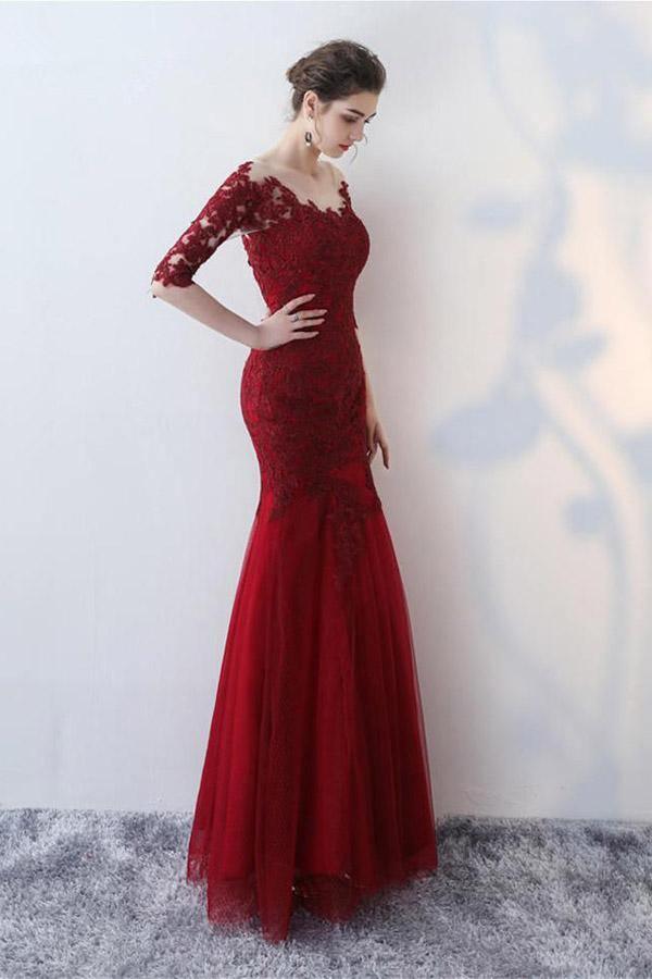 Sheath Mermaid Scoop Neck Floor Length Evening Gown Half Sleeve Lace Appliques Long Prom Dresses