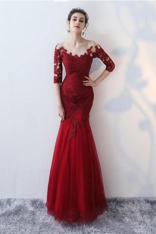 Sheath Mermaid Scoop Neck Floor Length Evening Gown Half Sleeve Lace Appliques Long Prom Dresses