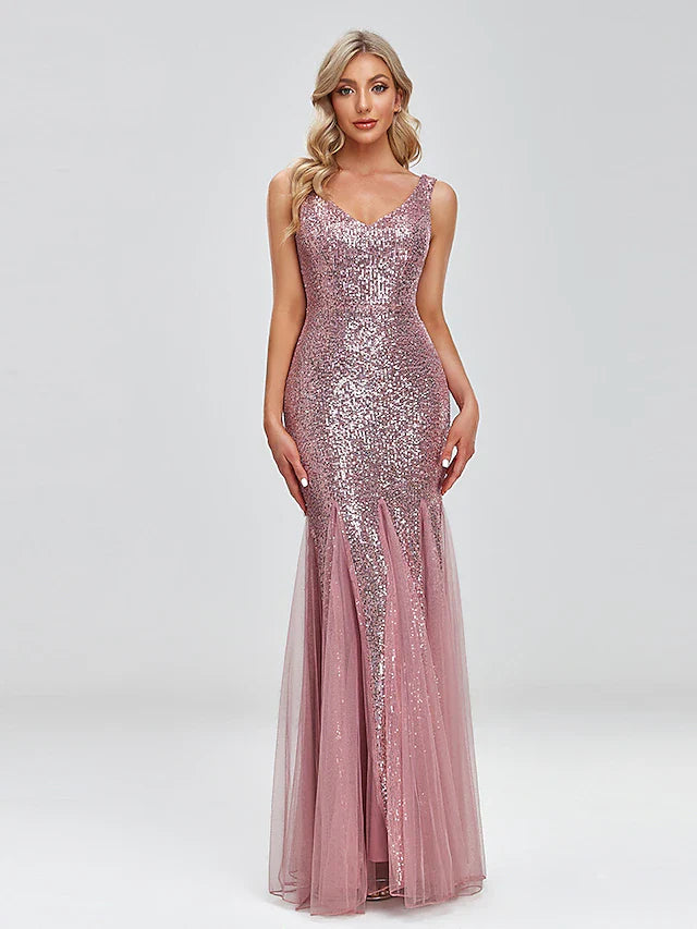 Two Piece Mermaid / Trumpet Party Dresses Sparkle & Shine Dress Prom Floor Length Sleeveless V Neck Capes Tulle V Back with Sequin Shawl