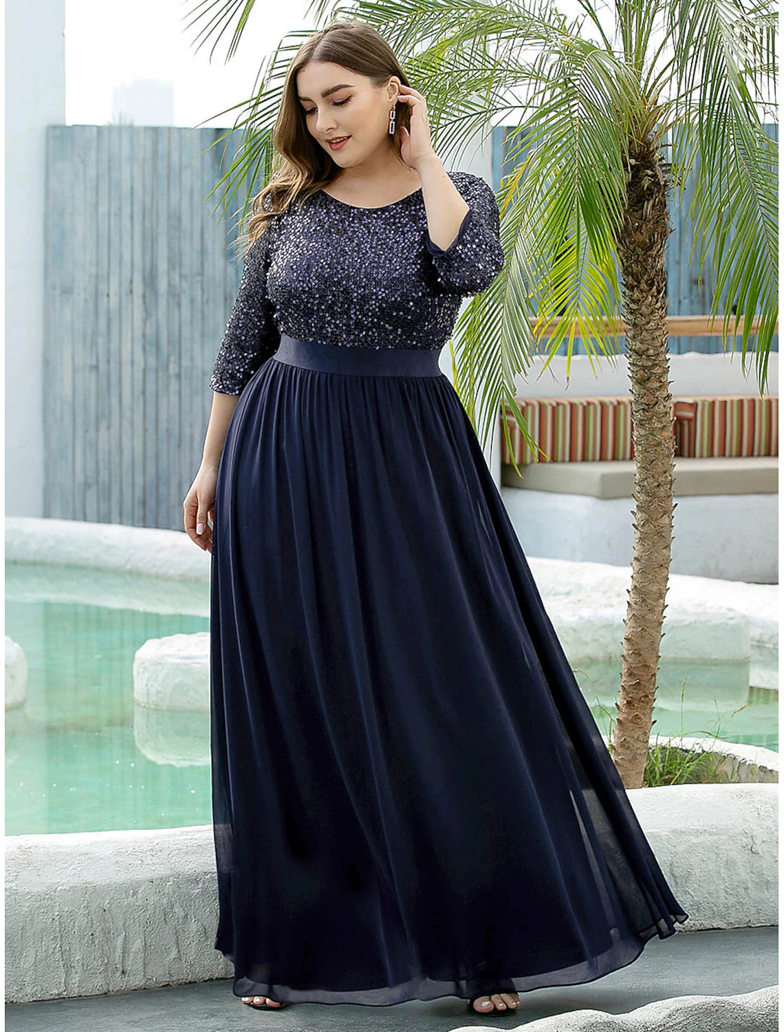 Plus Size Jewel Neck Floor Length Wedding Guest Dress Tulle Sequined 3/4 Length Sleeve Mother of the Bride Dress