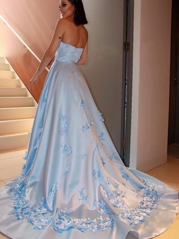 A-Line Princess Satin Hand-Made Flower Strapless Sleeveless Floor Length Prom Dresses