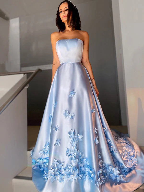 A-Line Princess Satin Hand-Made Flower Strapless Sleeveless Floor Length Prom Dresses