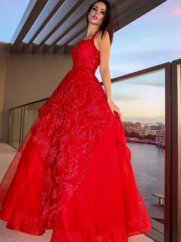 A-Line/Princess Party Dresses Formal Dresses Straps Tulle Sleeveless Floor-Length Applique Dresses