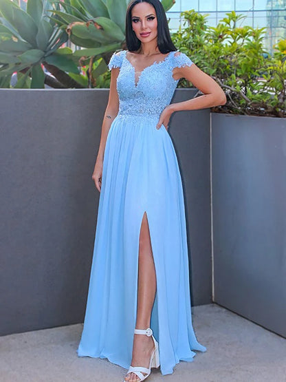 A-Line Princess Floor-Length Off-the-Shoulder Sleeveless Chiffon Applique Prom Dresses