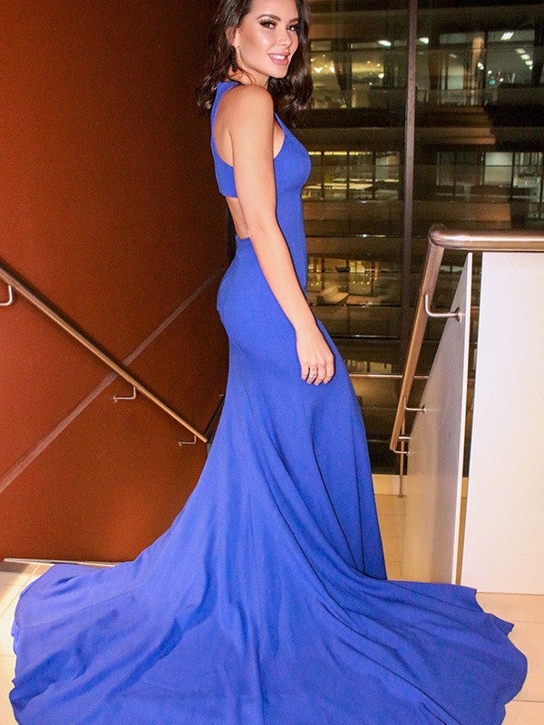 Sheath/Column Stretch Crepe Halter Sleeveless Ruffles Sweep/Brush Train Party Dresses Formal Dresses