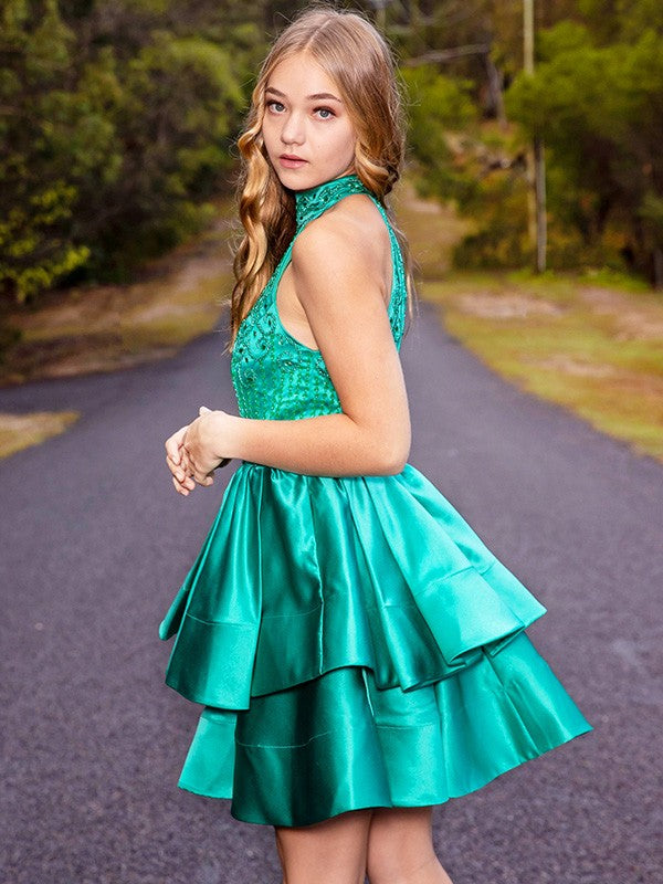 A-Line/Princess Satin Sleeveless Beading Jewel Short/Mini Homecoming Dresses