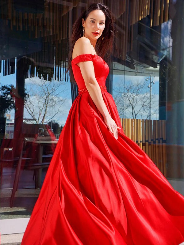 A-Line Princess Sleeveless Off-the-Shoulder Satin Ruffles Floor-Length Red Prom Dresses