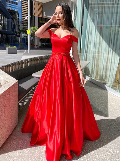 A-Line Princess Sleeveless Off-the-Shoulder Satin Ruffles Floor-Length Red Prom Dresses