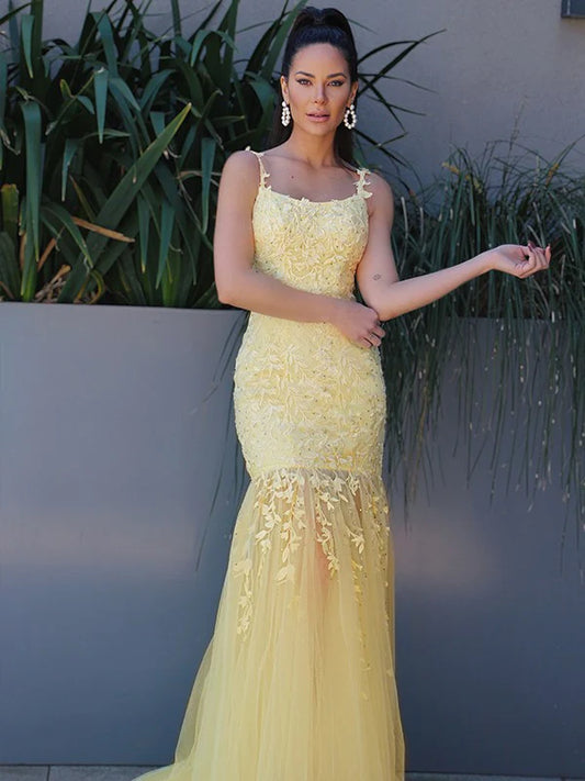 Tulle Applique Spaghetti Straps Sleeveless Prom Dresses Floor Length