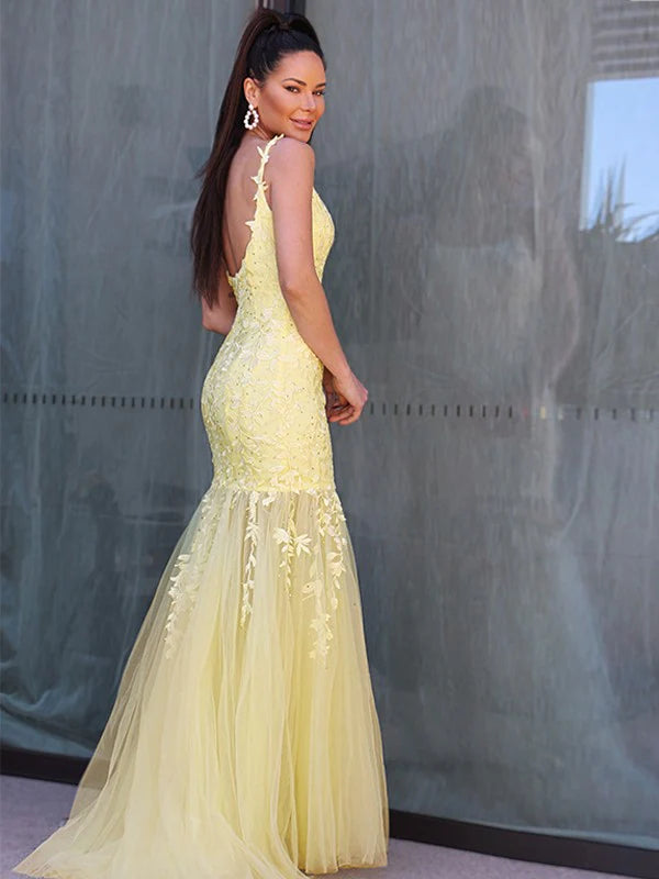 Tulle Applique Spaghetti Straps Sleeveless Prom Dresses Floor Length
