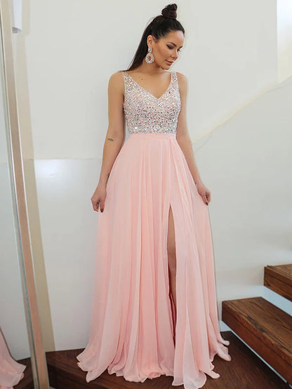 A-Line Princess Straps Beading Sleeveless Chiffon Floor-Length Dresses