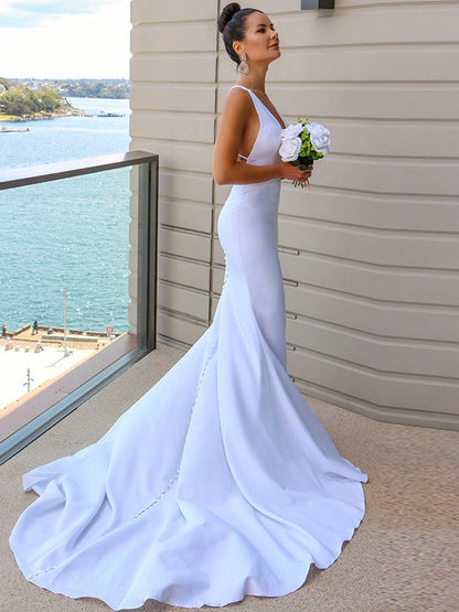 Sheath/Column Stretch Crepe V-neck Ruched Sleeveless Sweep/Brush Train Wedding Dresses