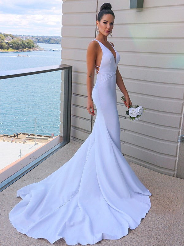 Sheath/Column Stretch Crepe V-neck Ruched Sleeveless Sweep/Brush Train Wedding Dresses