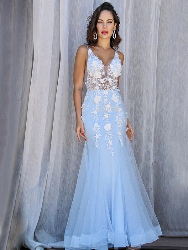 Sheath Tulle V-neck Sleeveless Applique Floor-Length Backless  Prom Dresses
