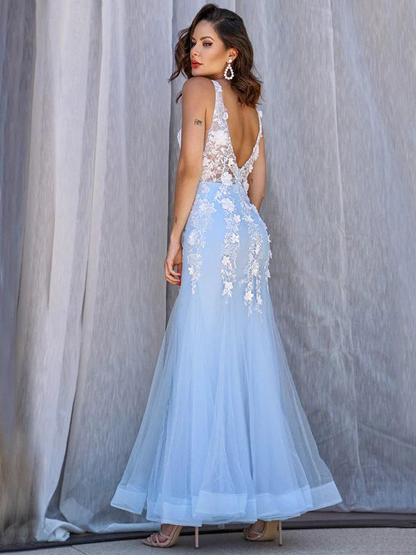 Sheath Tulle V-neck Sleeveless Applique Floor-Length Backless  Prom Dresses