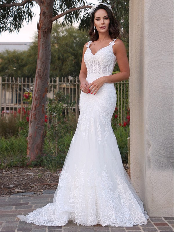 Trumpet/Mermaid Tulle V-neck Sleeveless Applique Sweep/Brush Train Wedding Dresses