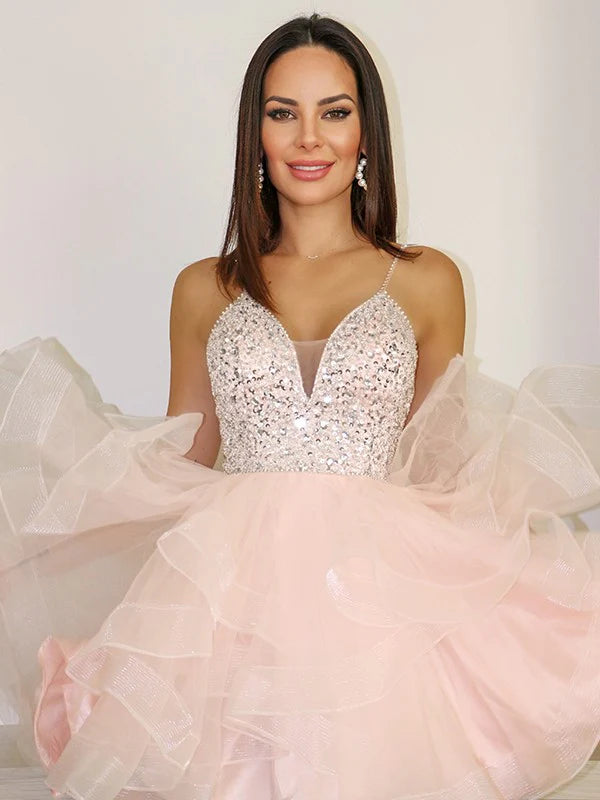 A-Line Cocktail dress Princess Spaghetti Straps Organza Beading Sleeveless Short Mini Homecoming Dresses