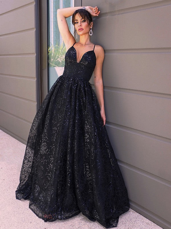 A-Line/Princess V-neck Lace Sleeveless Sequin Sweep/Brush Train Dresses Party Dresses Formal Dresses