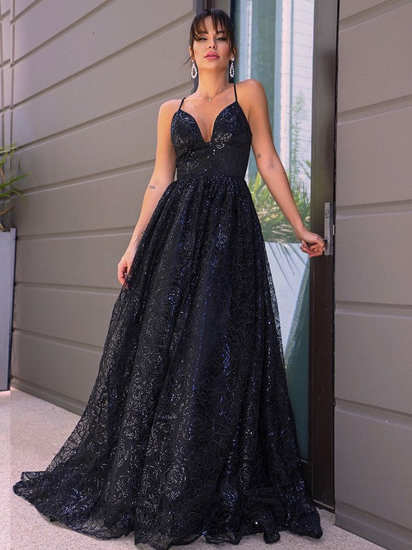 A-Line/Princess V-neck Lace Sleeveless Sequin Sweep/Brush Train Dresses Party Dresses Formal Dresses