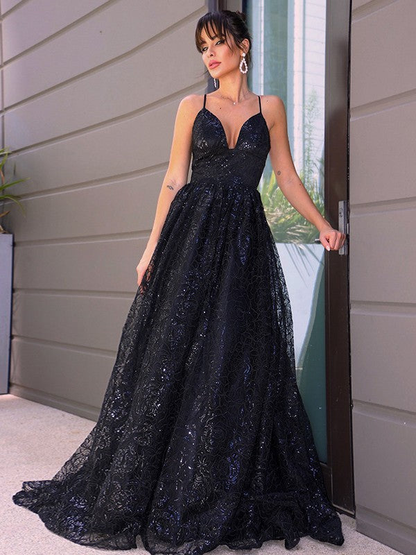 A-Line/Princess V-neck Lace Sleeveless Sequin Sweep/Brush Train Dresses Party Dresses Formal Dresses