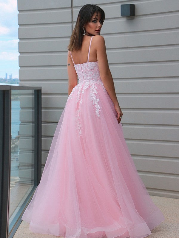 A-Line/Princess Tulle V-neck Applique Sleeveless Floor-Length Party Dresses Formal Dresses