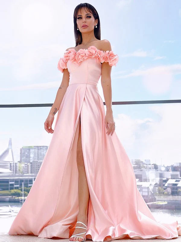 A-Line Princess Satin Off-the-Shoulder Sleeveless Hand-Made Flower Prom Dresses