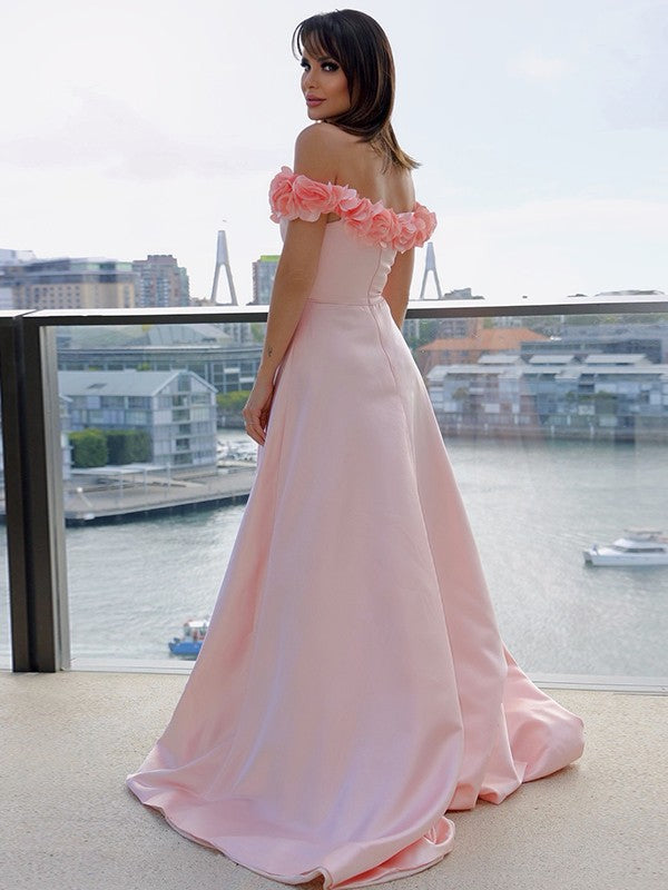 A-Line/Princess Satin Off-the-Shoulder Sleeveless Hand-Made Flower Sweep/Brush Train Dresses Party Dresses Formal Dresses