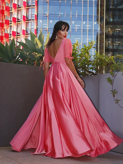 A-Line Princess Square Sleeves Charmeuse Ruffles Floor-Length Prom Dresses