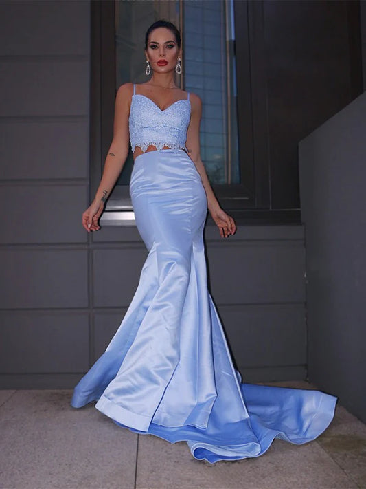 Satin Lace V-neck Spaghetti Straps Sleeveless Two Piece Prom Dresses