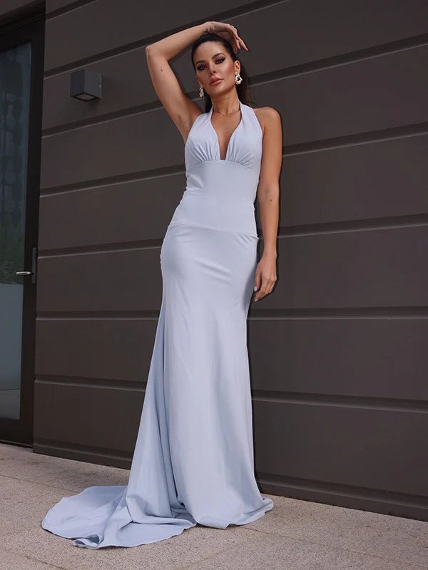 Stretch Crepe Halter Ruched Floor Length Sleeveless Prom Dresses
