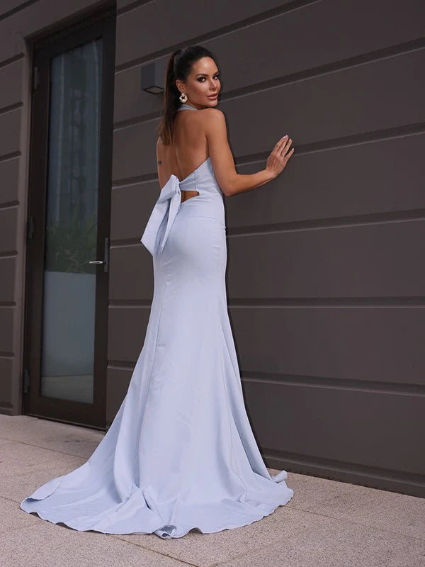 Stretch Crepe Halter Ruched Floor Length Sleeveless Prom Dresses