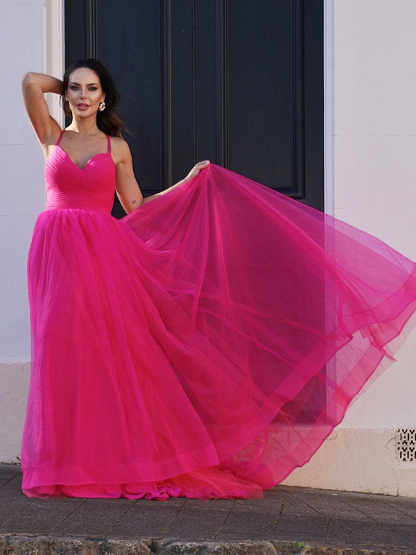 A-Line/Princess Tulle V-neck Ruched Sleeveless Sweep/Brush Train Party Dresses Formal Dresses
