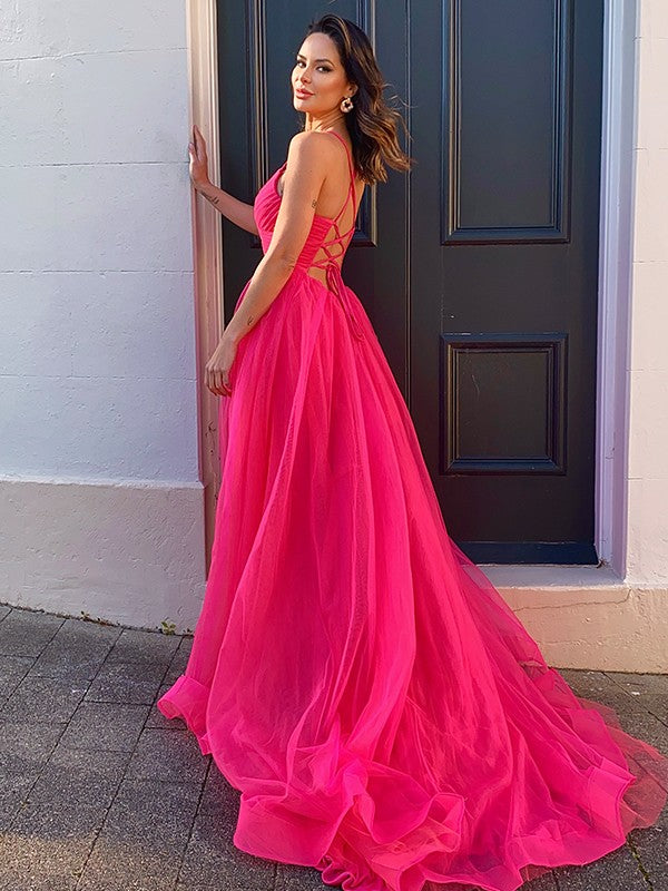 A-Line/Princess Tulle V-neck Ruched Sleeveless Sweep/Brush Train Party Dresses Formal Dresses