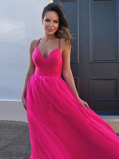 A-Line/Princess Tulle V-neck Ruched Sleeveless Sweep/Brush Train Party Dresses Formal Dresses