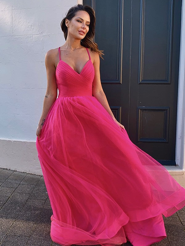 A-Line/Princess Tulle V-neck Ruched Sleeveless Sweep/Brush Train Party Dresses Formal Dresses