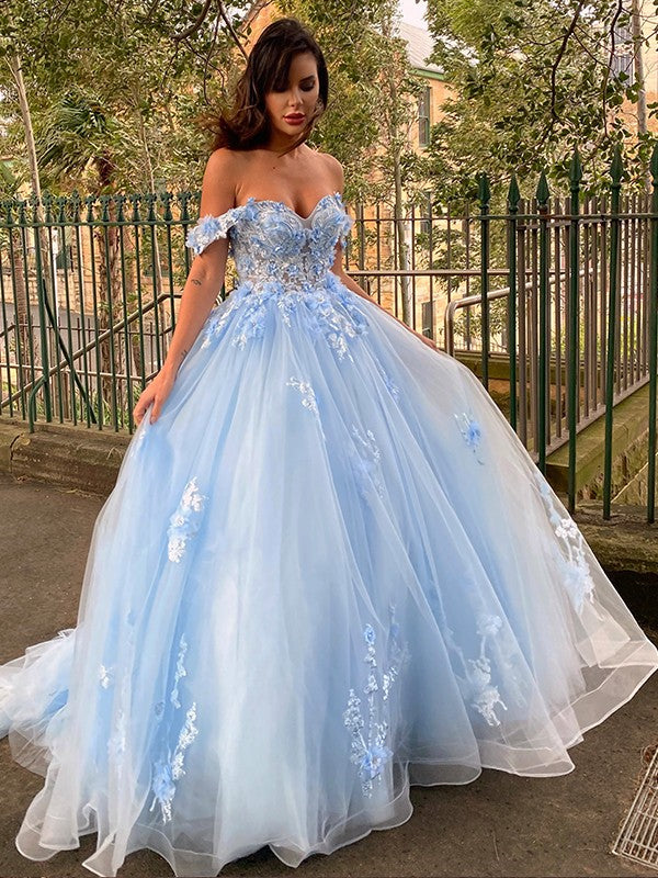 Party Dresses Formal Dresses Ball Gown Tulle Applique Off-the-Shoulder Sleeveless Sweep/Brush Train Dresses