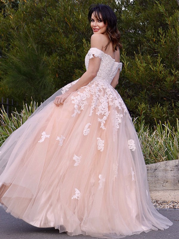 A-Line/Princess Tulle Applique Off-the-Shoulder Sleeveless Floor-Length Dresses Party Dresses Formal Dresses