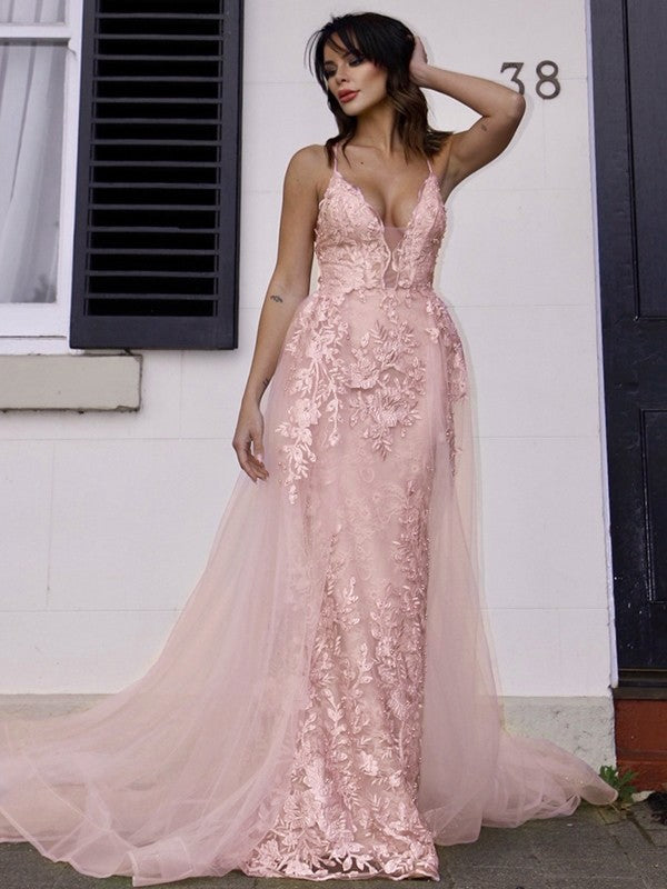 A-Line/Princess Tulle Applique V-neck Sleeveless Sweep/Brush Train Party Dresses Formal Dresses
