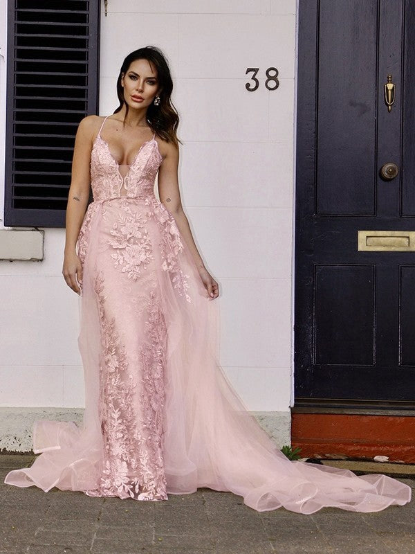 A-Line/Princess Tulle Applique V-neck Sleeveless Sweep/Brush Train Party Dresses Formal Dresses