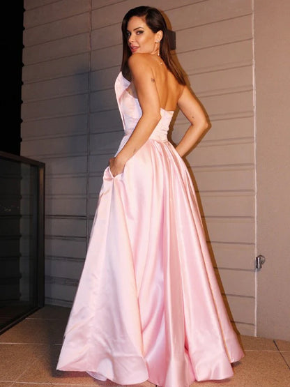 A-Line Princess Satin Ruffles Sleeveless Strapless Floor-Length Prom Dresses